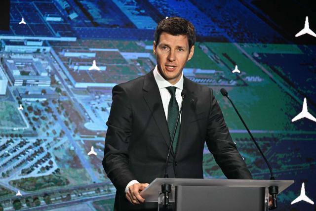 Member of the Board of Management of Mercedes Benz Group AG Michael Schiebe gives a speech during the launch ceremony of the Mercedes Benz GLB type series production at the plant in  Kecskemet, Hungary on January 19, 2026. (Photo by Attila KISBENEDEK / AFP)