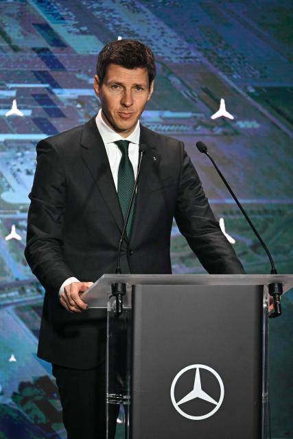 Member of the Board of Management of Mercedes Benz Group AG Michael Schiebe gives a speech during the launch ceremony of the Mercedes Benz GLB type series production at the plant in  Kecskemet, Hungary on January 19, 2026. (Photo by Attila KISBENEDEK / AFP)