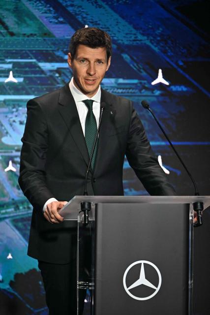 Member of the Board of Management of Mercedes Benz Group AG Michael Schiebe gives a speech during the launch ceremony of the Mercedes Benz GLB type series production at the plant in  Kecskemet, Hungary on January 19, 2026. (Photo by Attila KISBENEDEK / AFP)