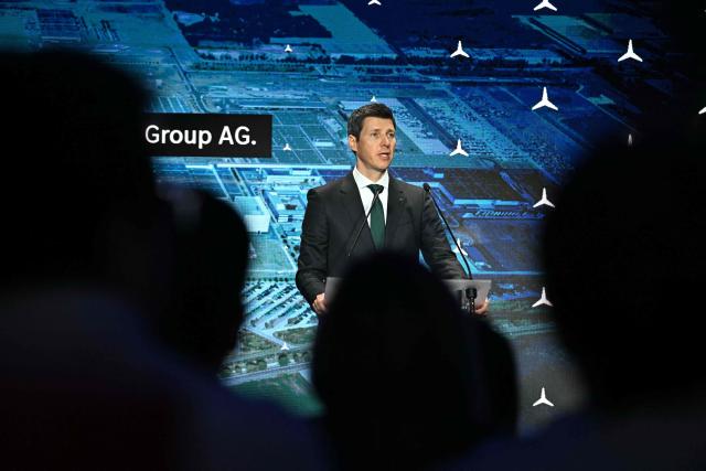 Member of the Board of Management of Mercedes Benz Group AG Michael Schiebe gives a speech during the launch ceremony of the Mercedes Benz GLB type series production at the plant in  Kecskemet, Hungary on January 19, 2026. (Photo by Attila KISBENEDEK / AFP)