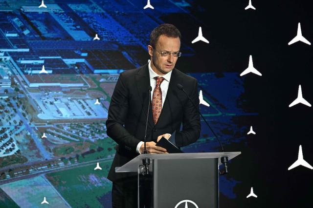 Hungary’s Minister of Foreign Affairs and Trade Peter Szijjarto gives a speech during the launch ceremony of the Mercedes Benz GLB type series production at the plant in  Kecskemet, Hungary on January 19, 2026. (Photo by Attila KISBENEDEK / AFP)
