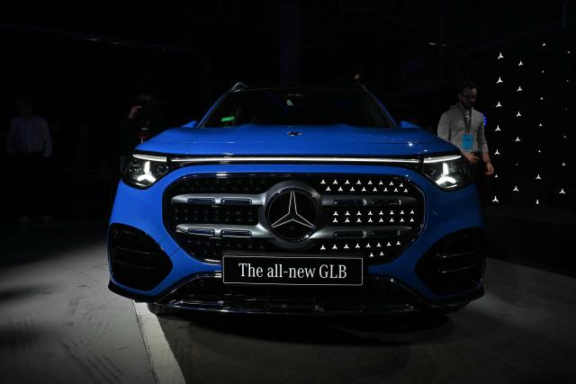 The logo of a Mercedes Benz GLB type is seen during the launch of its series production at the plant in  Kecskemet, Hungary on January 19, 2026. (Photo by Attila KISBENEDEK / AFP)