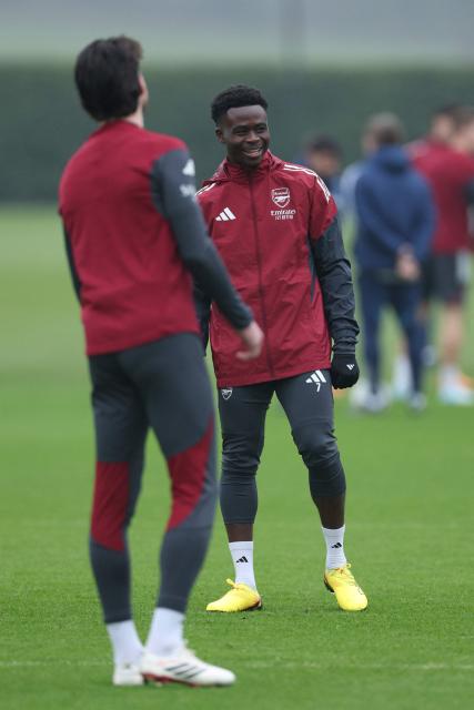 Arsenal's English midfielder #07 Bukayo Saka attends a team training session at the Arsenal training centre in London Colney, north of London, on January 19, 2026, on the eve of their UEFA Champions League league phase football match against Inter Milan. (Photo by Adrian Dennis / AFP)