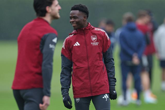 Arsenal's English midfielder #07 Bukayo Saka attends a team training session at the Arsenal training centre in London Colney, north of London, on January 19, 2026, on the eve of their UEFA Champions League league phase football match against Inter Milan. (Photo by Adrian Dennis / AFP)