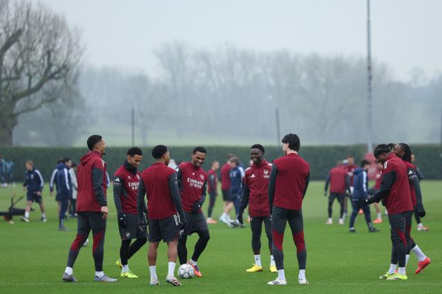 Arsenal's players attend a team training session at the Arsenal training centre in London Colney, north of London, on January 19, 2026, on the eve of their UEFA Champions League league phase football match against Inter Milan. (Photo by Adrian Dennis / AFP)