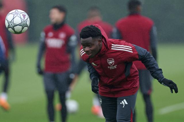 Arsenal's English midfielder #07 Bukayo Saka attends a team training session at the Arsenal training centre in London Colney, north of London, on January 19, 2026, on the eve of their UEFA Champions League league phase football match against Inter Milan. (Photo by Adrian Dennis / AFP)