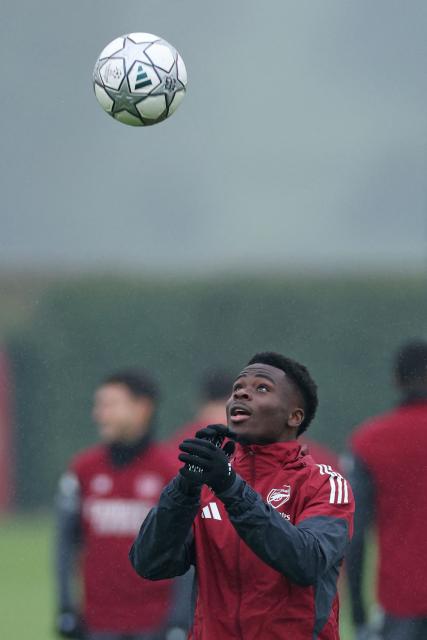 Arsenal's English midfielder #07 Bukayo Saka attends a team training session at the Arsenal training centre in London Colney, north of London, on January 19, 2026, on the eve of their UEFA Champions League league phase football match against Inter Milan. (Photo by Adrian Dennis / AFP)