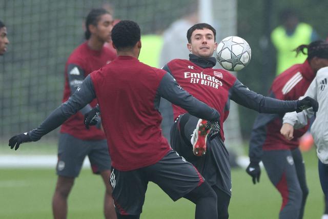 Arsenal's Spanish defender #36 Martin Zubimendi (R) attends a team training session at the Arsenal training centre in London Colney, north of London, on January 19, 2026, on the eve of their UEFA Champions League league phase football match against Inter Milan. (Photo by Adrian Dennis / AFP)