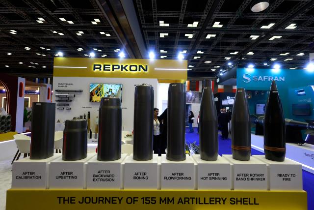 A view of pavilions during the Doha International Maritime Defence Exhibition and Conference (DIMDEX 2026) which showcases technology, maritime, and defence capabilities, at the Qatar National Convention Centre, in Doha on January 19, 2026. (Photo by Karim JAAFAR / AFP)