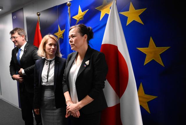 (From L) Denmark's Defence Minister Troels Lund Poulsen, EU High Representative and Vice-President for Foreign Affairs and Security Policy Kaja Kallas and Greenland's Foreign Minister Vivian Motzfeldt pose prior to a meeting at the EU Headquarters in Brussels on January 19, 2026. (Photo by JOHN THYS / AFP)