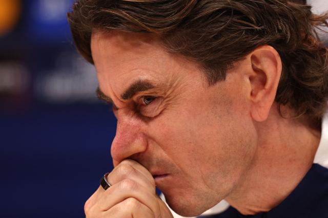 Tottenham Hotspur's Danish head coach Thomas Frank gestures during a press conference at the Tottenham training centre in Enfield, north London, on January 19, 2026, the eve of their UEFA Champions League league phase football match against Dortmund. (Photo by Adrian Dennis / AFP)