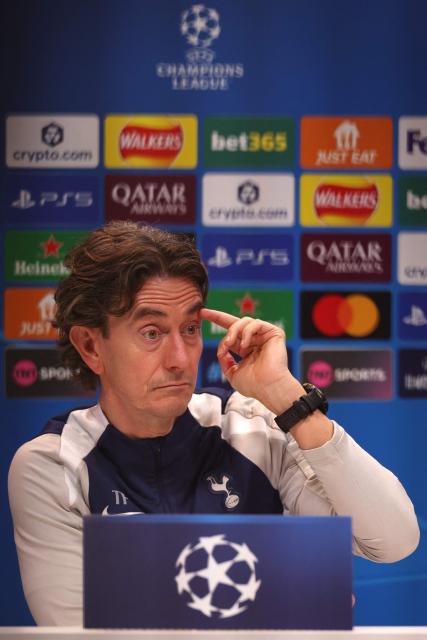 Tottenham Hotspur's Danish head coach Thomas Frank gestures during a press conference at the Tottenham training centre in Enfield, north London, on January 19, 2026, the eve of their UEFA Champions League league phase football match against Dortmund. (Photo by Adrian Dennis / AFP)