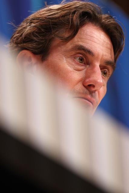 Tottenham Hotspur's Danish head coach Thomas Frank attends a press conference at the Tottenham training centre in Enfield, north London, on January 19, 2026, the eve of their UEFA Champions League league phase football match against Dortmund. (Photo by Adrian Dennis / AFP)