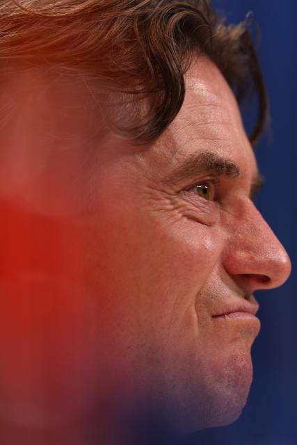 Tottenham Hotspur's Danish head coach Thomas Frank attends a press conference at the Tottenham training centre in Enfield, north London, on January 19, 2026, the eve of their UEFA Champions League league phase football match against Dortmund. (Photo by Adrian Dennis / AFP)