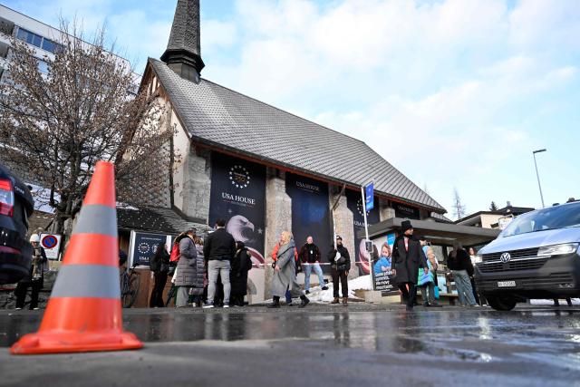 This photograph shows the 'USA House' during the World Economic Forum (WEF) annual meeting in Davos on January 19, 2026. The World Economic Forum takes place in Davos from January 19 to January 23, 2026. (Photo by INA FASSBENDER / AFP)