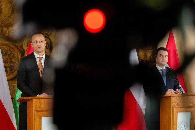 Czech Foreign Minister Petr Macinka (R) and his Hungarian counterpart Peter Szijjarto deliver a joint press conference on January 19, 2026 in Prague, Czech Republic. (Photo by Michal Cizek / AFP)