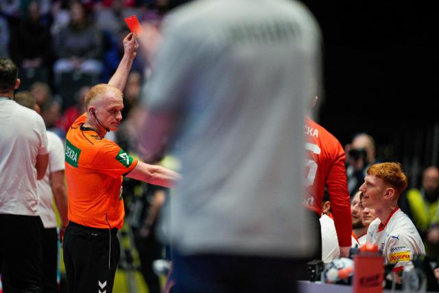 Referee Anton Palsson shows the red card to Czech Republic's left back #49 Daniel Blaha during the men's EHF Euro 2026 group C preliminary round handball match Czech Republic vs Ukraine in Oslo, Norway, on January 19, 2026. (Photo by Stian Lysberg Solum / NTB / AFP) / Norway OUT