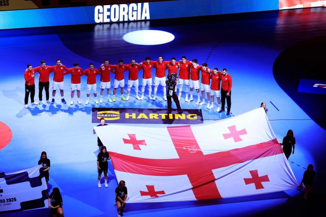 Georgian's handball team poses before the men's EHF Euro 2026 preliminary round group E handball match Georgia v Sweden in Malmoe, Sweden, on January 19, 2026. (Photo by Andreas Hillergren/TT / TT NEWS AGENCY / AFP) / Sweden OUT