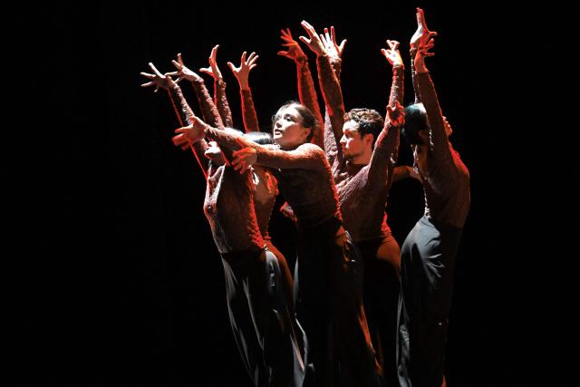 Members of the Hungarian contemporary ballet group "Budapest Dance Theatre" perform on stage during a rehearsal of "Quattro Stagioni (Four Seasons)", choreographed by French Aurelie Mounier composed by Italian Antonio Vivaldi at the National Dance Theatre in Budapest, on January 19, 2026. The Hungarian premiere will be held on January 20, 2026. (Photo by Attila KISBENEDEK / AFP)