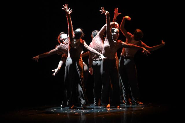 Members of the Hungarian contemporary ballet group "Budapest Dance Theatre" perform on stage during a rehearsal of "Quattro Stagioni (Four Seasons)", choreographed by French Aurelie Mounier composed by Italian Antonio Vivaldi at the National Dance Theatre in Budapest, on January 19, 2026. The Hungarian premiere will be held on January 20, 2026. (Photo by Attila KISBENEDEK / AFP)