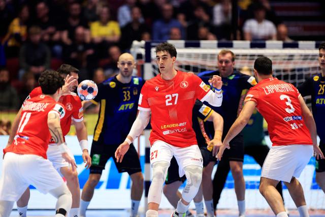 Georgia's left back #27 Nikoloz Kalandadze vies for the ball during the men's EHF Euro 2026 preliminary round group E handball match Georgia v Sweden in Malmoe, Sweden, on January 19, 2026. (Photo by Andreas Hillergren/TT / various sources / AFP) / Sweden OUT