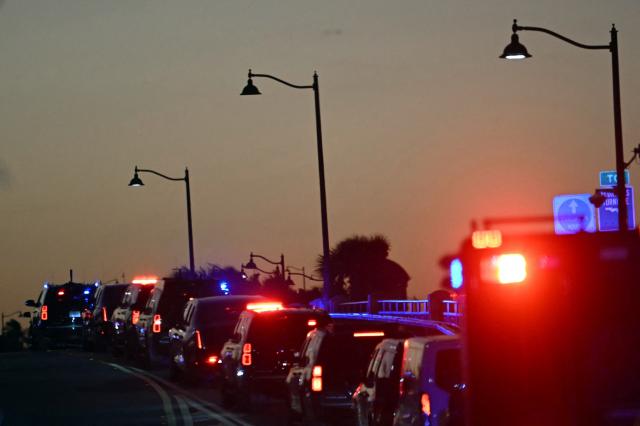 The motorcade of US President Donald Trump departs his Mar-a-Lago residence in Palm Beach, Florida on January 19, 2025. President Trump is on his way to attend the College Football National Championship Game between Miami Hurricanes and Indiana Hoosiers at Hard Rock Stadium in Miami Gardens, Florida. (Photo by ANDREW CABALLERO-REYNOLDS / AFP)
