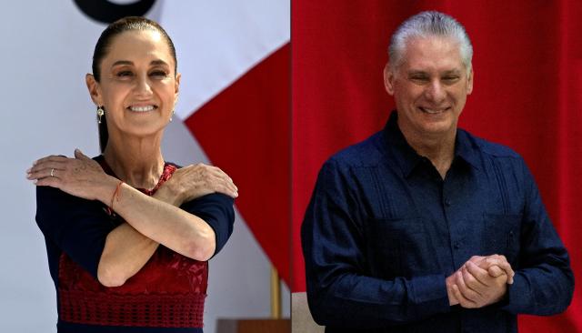 (COMBO) This combination of pictures created on January 19, 2026 shows Mexico's President Claudia Sheinbaum gestures on arrival for the rally marking the seventh anniversary of the Morena party in government in Mexico City on December 6, 2025, and Cuban president Miguel Díaz Canel gestures during the inauguration of the IV Nation and Emigration Conference, at the Convention Palace in Havana, on November 18, 2023. The navigation of oil tankers from Venezuela to Cuba came to a sudden halt in early December, 2025. Since then, digital maritime trackers have only recorded a few arrivals of a tanker carrying oil that Mexico sends to the island, despite strong pressure from the United States. (Photo by Alfredo ESTRELLA and YAMIL LAGE / AFP)