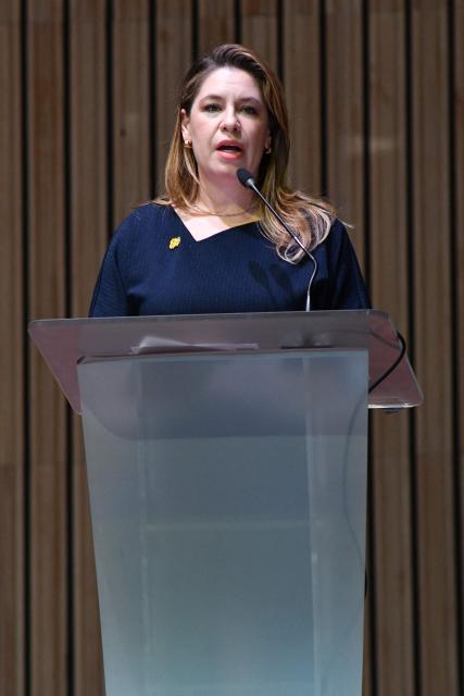 Costa Rica's presidential candidate of the Citizen Agenda Coalition and former first lady, Claudia Dobles, speaks during a debate at the University of Costa Rica in San Jose on January 19, 2026. Costa Rica will hold a presidential election on February 1, 2026. (Photo by EZEQUIEL BECERRA / AFP)