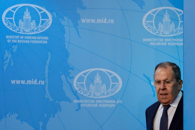 Russian Foreign Minister Sergei Lavrov arrives to deliver his annual end-of-year press conference at the Russian Foreign Ministry headquarters in Moscow on January 20, 2026. (Photo by TATYANA MAKEYEVA / AFP)