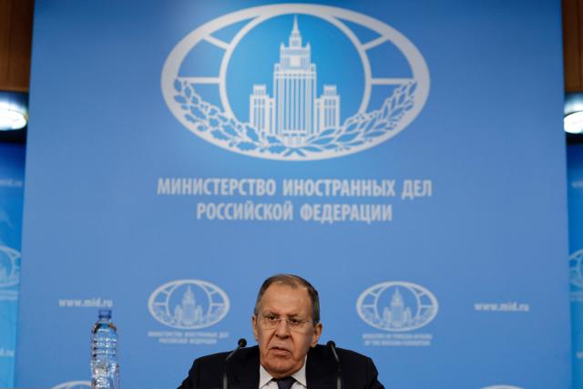 Russian Foreign Minister Sergei Lavrov delivers his annual end-of-year press conference at the Russian Foreign Ministry headquarters in Moscow on January 20, 2026. (Photo by TATYANA MAKEYEVA / AFP)