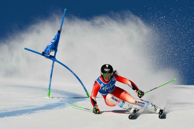 Switzerland's Camille Rast competes in the first run of the Women's Giant Slalom event of FIS Alpine Skiing World Cup in Kronplatz, Plan de Corones, Italy, on January 20, 2026. (Photo by Marco BERTORELLO / AFP)