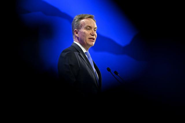 World Economic Forum President and CEO Borge Brende delivers a speech during the World Economic Forum (WEF) annual meeting in Davos on January 20, 2026. The World Economic Forum takes place in Davos from January 19 to January 23, 2026. (Photo by Fabrice COFFRINI / AFP)