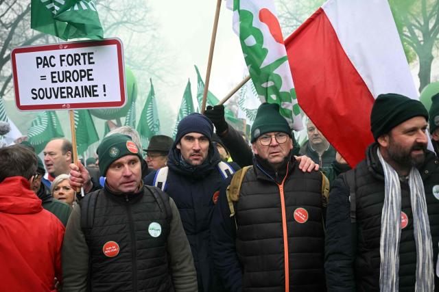 Farmers hold placards and flags as European farmers march towards the European Parliament to protest against the free trade agreement between the European Union and the Mercosur countries, on the eve of a vote on a referral to the courts, in Strasbourg on January 20, 2026. Called by the FNSEA, France's leading national agricultural union, some 4,000 farmers from across the European Union, including Italy, Belgium, and Germany, are expected to attend the protest. MEPs will not vote on the entire agreement with Mercosur until the coming months, but they are set to vote on Wednesday on whether to refer the matter to the Court of Justice of the European Union (CJEU). (Photo by NICOLAS TUCAT / AFP)