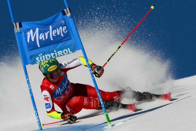 Austria's Julia Scheib competes in the first run of the Women's Giant Slalom event of FIS Alpine Skiing World Cup in Kronplatz, Plan de Corones, Italy, on January 20, 2026. (Photo by Marco BERTORELLO / AFP)