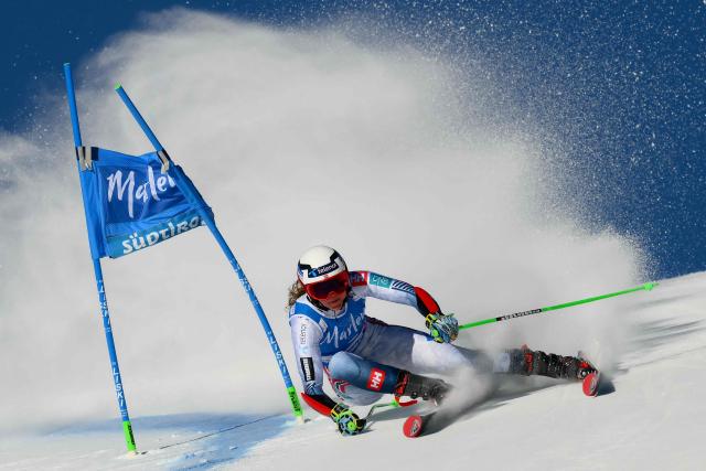 Norway's Thea Louise Stjernesund competes in the first run of the Women's Giant Slalom event of FIS Alpine Skiing World Cup in Kronplatz, Plan de Corones, Italy, on January 20, 2026. (Photo by Marco BERTORELLO / AFP)
