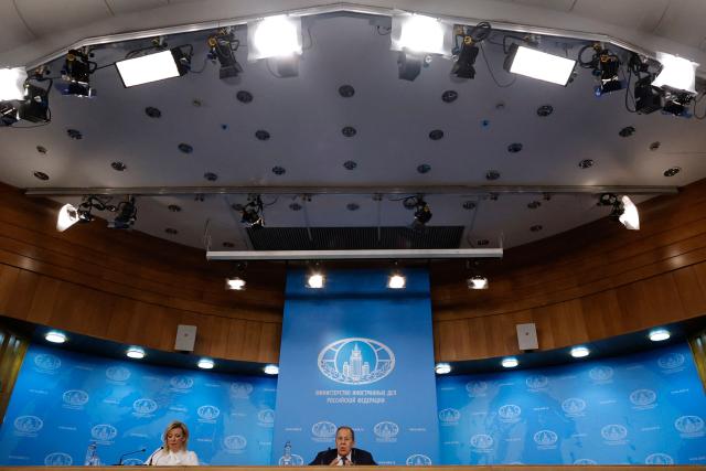 Russian Foreign Minister Sergei Lavrov delivers his annual end-of-year press conference at the Russian Foreign Ministry headquarters in Moscow on January 20, 2026. (Photo by TATYANA MAKEYEVA / AFP)