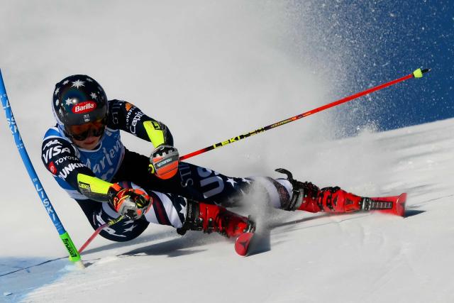 US' Mikaela Shiffrin competes in the first run of the Women's Giant Slalom event of FIS Alpine Skiing World Cup in Kronplatz, Plan de Corones, Italy, on January 20, 2026. (Photo by Marco BERTORELLO / AFP)