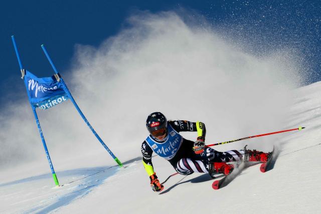 US' Mikaela Shiffrin competes in the first run of the Women's Giant Slalom event of FIS Alpine Skiing World Cup in Kronplatz, Plan de Corones, Italy, on January 20, 2026. (Photo by Marco BERTORELLO / AFP)