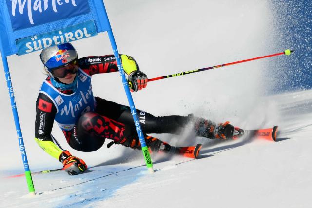 Albania's Lara Colturi competes in the first run of the Women's Giant Slalom event of FIS Alpine Skiing World Cup in Kronplatz, Plan de Corones, Italy, on January 20, 2026. (Photo by Marco BERTORELLO / AFP)