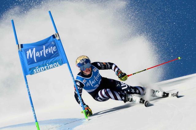 US' A J Hurt competes in the first run of the Women's Giant Slalom event of FIS Alpine Skiing World Cup in Kronplatz, Plan de Corones, Italy, on January 20, 2026. (Photo by Marco BERTORELLO / AFP)