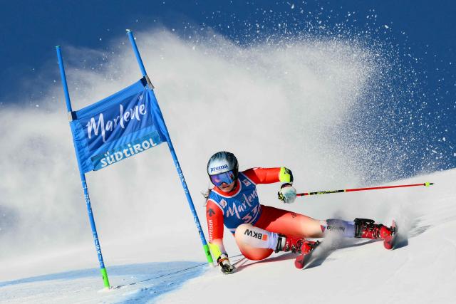 Switzerland's Sue Piller competes in the first run of the Women's Giant Slalom event of FIS Alpine Skiing World Cup in Kronplatz, Plan de Corones, Italy, on January 20, 2026. (Photo by Marco BERTORELLO / AFP)