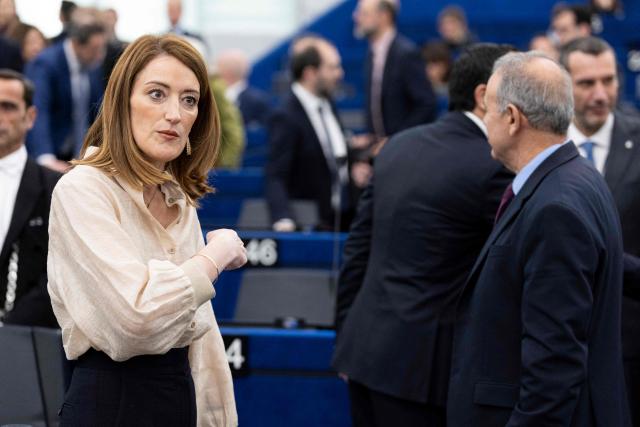European Parliament President Roberta Metsola arrives prior to the presentation of the programme of the Cypriot presidency of the Council of the European Union during a plenary session at the European Parliament in Strasbourg, eastern France on January 20, 2026. (Photo by ROMEO BOETZLE / AFP)