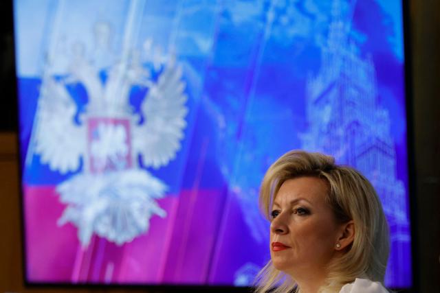 Russian Foreign Ministry spokeswoman Maria Zakharova looks on during Foreign Minister Sergei Lavrov's annual end-of-year press conference at the Russian Foreign Ministry headquarters in Moscow on January 20, 2026. (Photo by TATYANA MAKEYEVA / AFP)