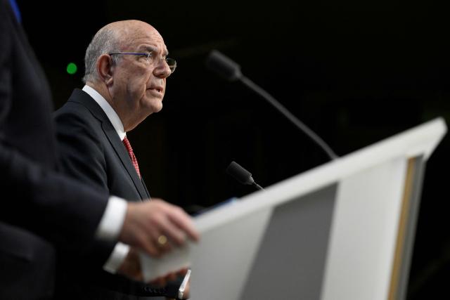Cyprus's Finance Minister and Acting President of the Eurogroup Makis Keravnos gives a press conference during the Ecofin Economic and Financial Affairs Council, at the EU headquarters in Brussels, on January 20, 2026. (Photo by JOHN THYS / AFP)