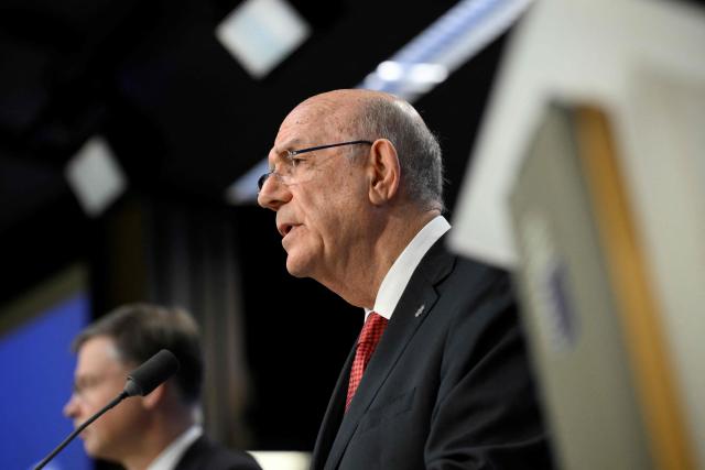 Cyprus' Finance Minister and Acting President of the Eurogroup Makis Keravnos gives a press conference during the Ecofin Economic and Financial Affairs Council, at the EU headquarters in Brussels, on January 20, 2026. (Photo by JOHN THYS / AFP)