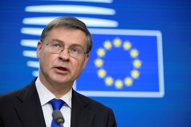 EU Commissioner for Economy and Productivity, Implementation and Simplification Valdis Dombrovskis gives a press conference during the Ecofin Economic and Financial Affairs Council, at the EU headquarters in Brussels, on January 20, 2026. (Photo by JOHN THYS / AFP)