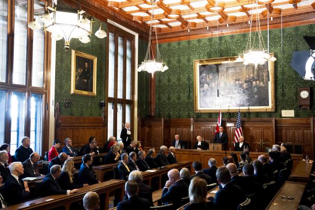 US House Speaker Mike Johnson addresses MPs in the House of Commons in Westminster, central London on January 20, 2026. (Photo by Jordan Pettitt / POOL / AFP)