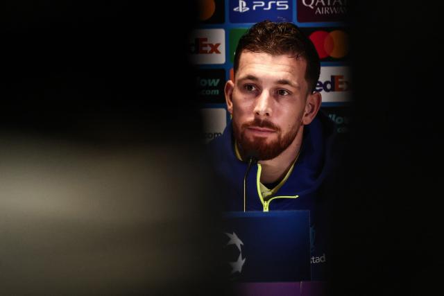 Marseille's Danish midfielder Pierre-Emile Hojbjerg speaks during a press conference on the eve of the UEFA Champions League, league phase day 7 football match against Liverpool at the Stade Vélodrome in Marseille on January 20, 2026. (Photo by Thibaud MORITZ / AFP)