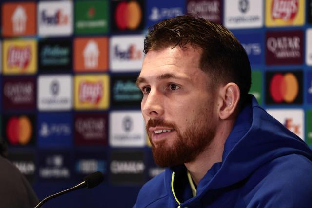 Marseille's Danish midfielder Pierre-Emile Hojbjerg speaks during a press conference on the eve of the UEFA Champions League, league phase day 7 football match against Liverpool at the Stade Vélodrome in Marseille on January 20, 2026. (Photo by Thibaud MORITZ / AFP)