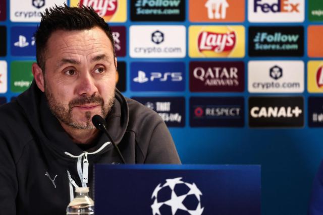Marseille's Italian head coach Roberto De Zerbi speaks during a press conference on the eve of the UEFA Champions League, league phase day 7 football match against Liverpool at the Stade Vélodrome in Marseille on January 20, 2026. (Photo by Thibaud MORITZ / AFP)